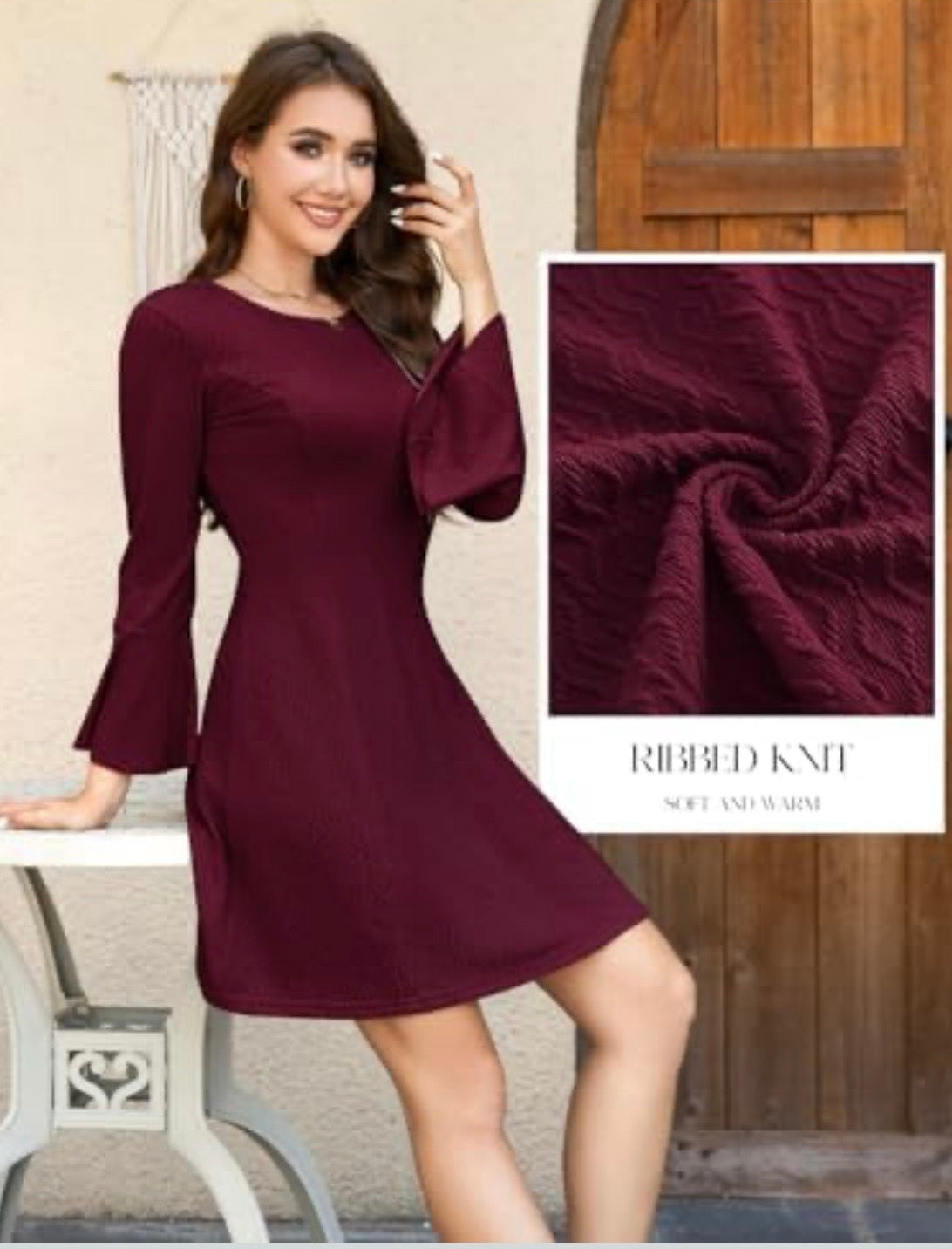 Maroon ribbed jumper dress flare sleeve