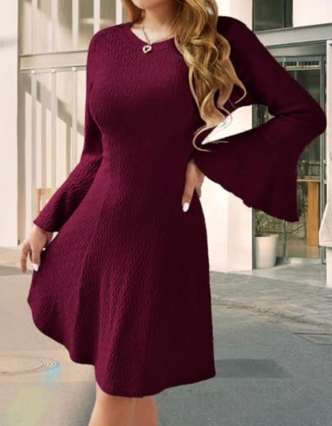Maroon ribbed jumper dress flare sleeve