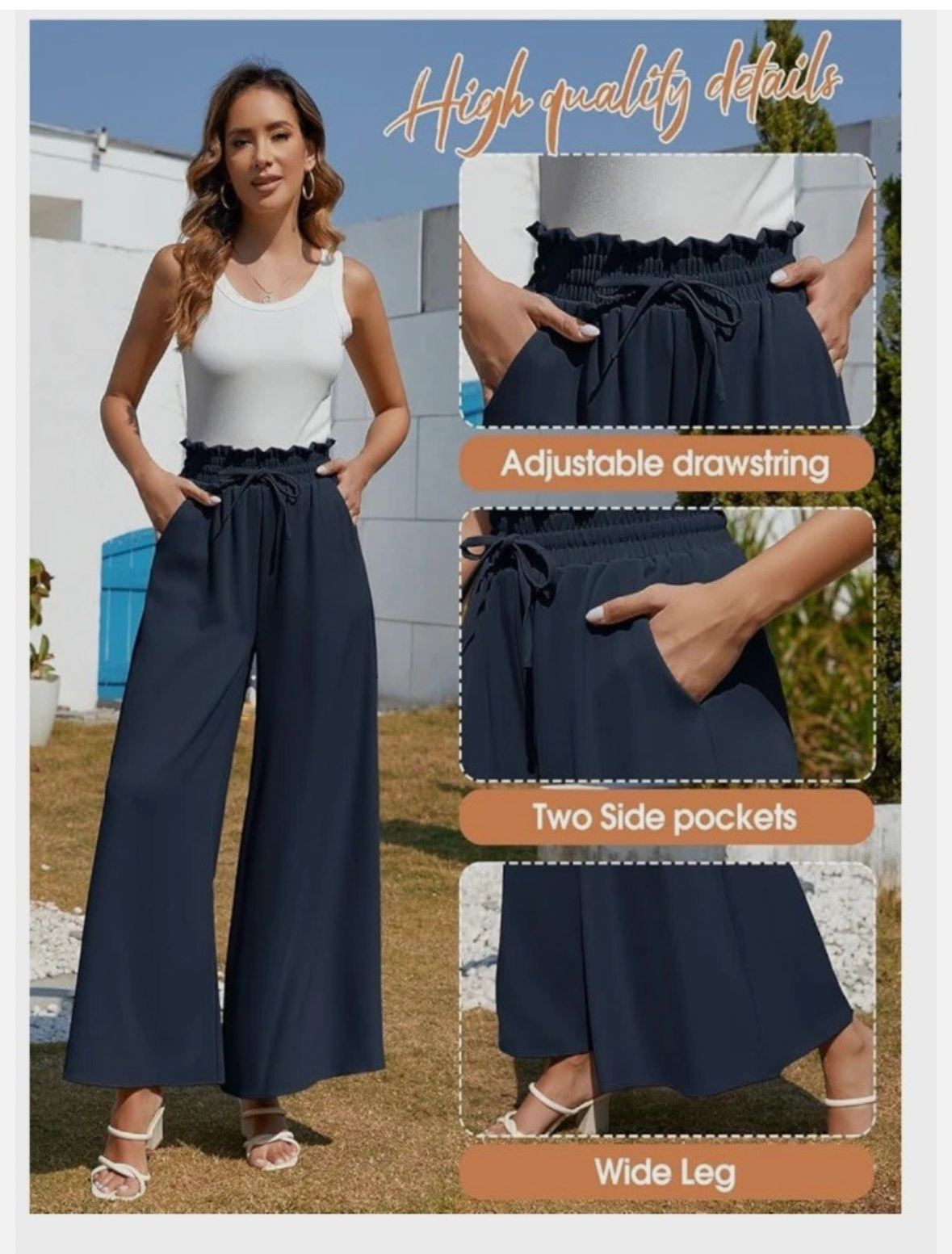 Wide Leg Trousers - Navy Blue