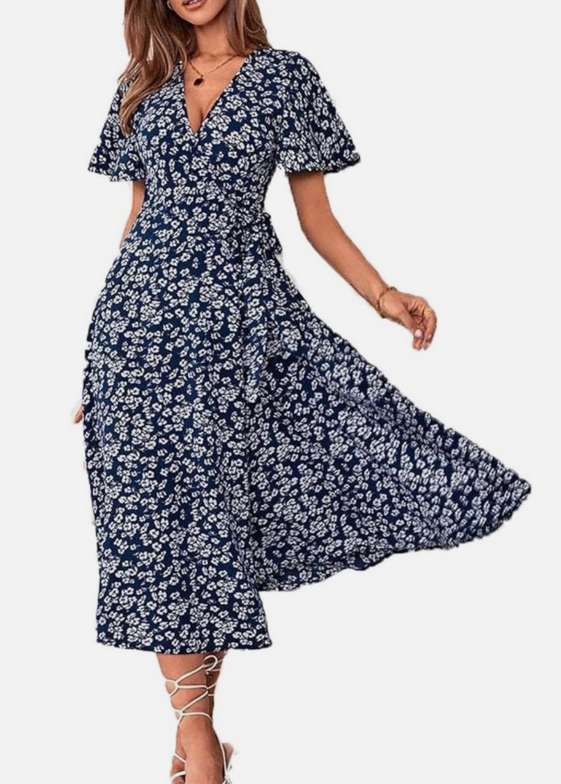 Floral Print Midi Dress - Navy Blue