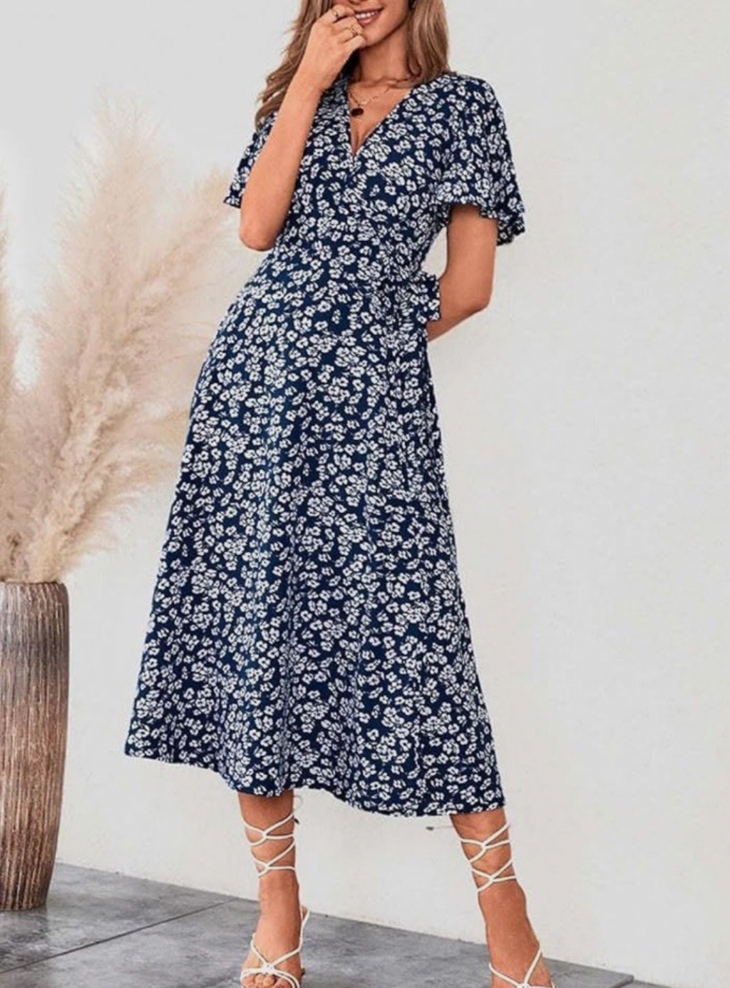 Floral Print Midi Dress - Navy Blue