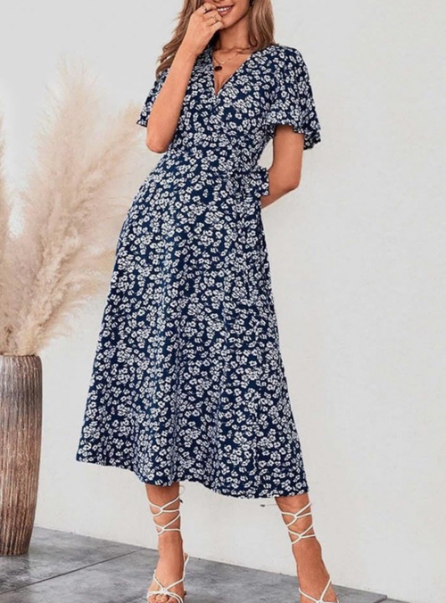 Floral Print Midi Dress - Navy Blue