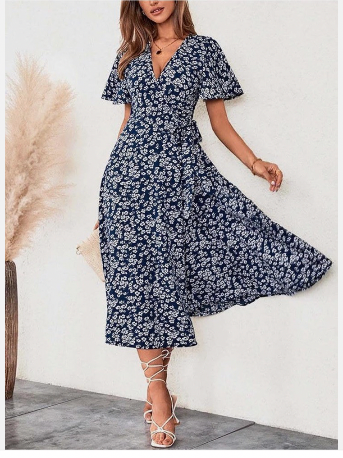 Floral Print Midi Dress - Navy Blue
