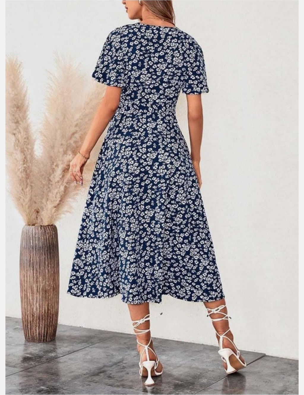 Floral Print Midi Dress - Navy Blue