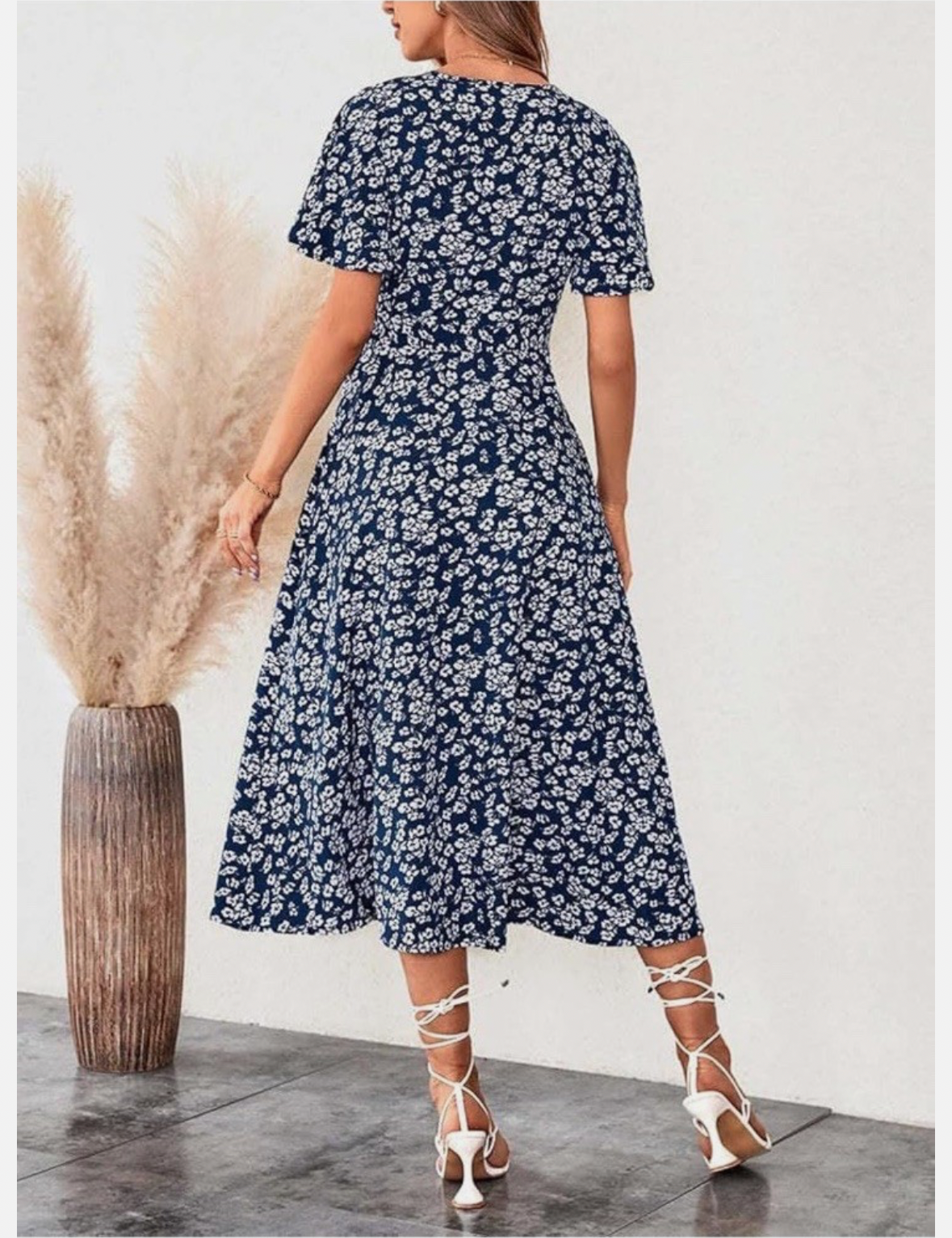 Floral Print Midi Dress - Navy Blue