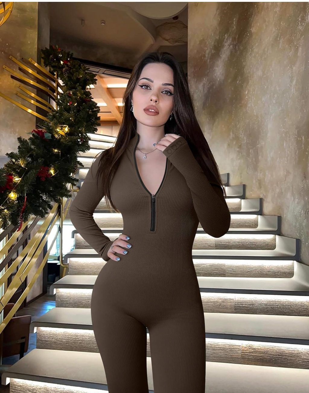 Ribbed Zip Front Yoga Jumpsuit