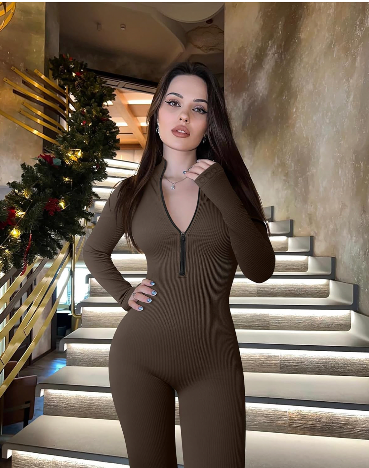 Ribbed Zip Front Yoga Jumpsuit