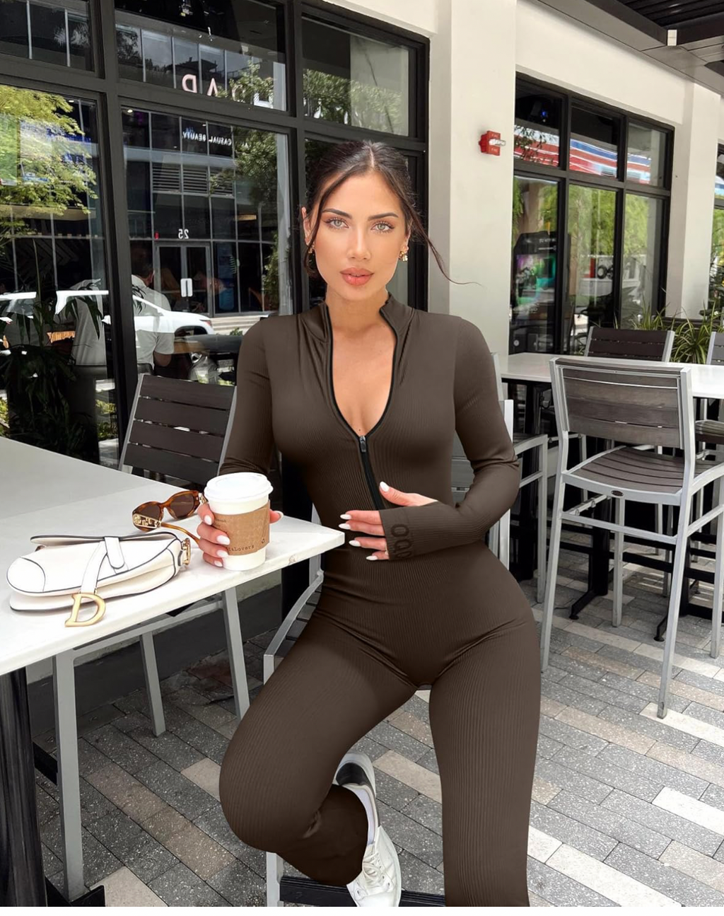 Ribbed Zip Front Yoga Jumpsuit