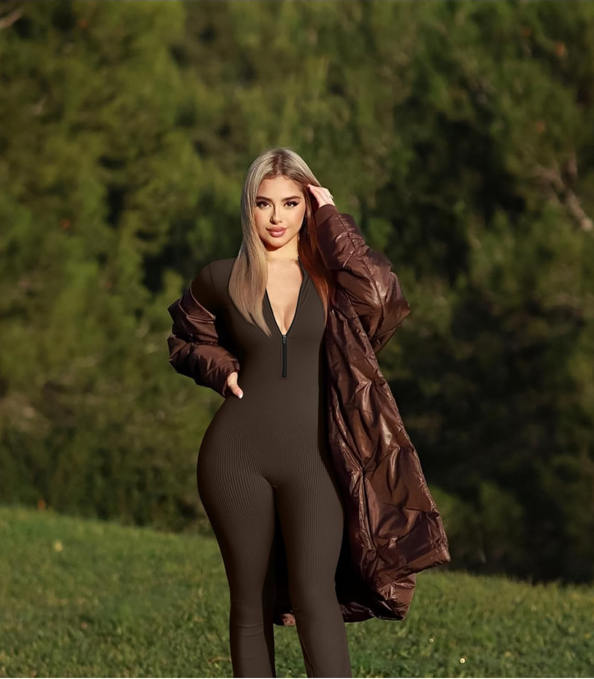 Ribbed Zip Front Yoga Jumpsuit